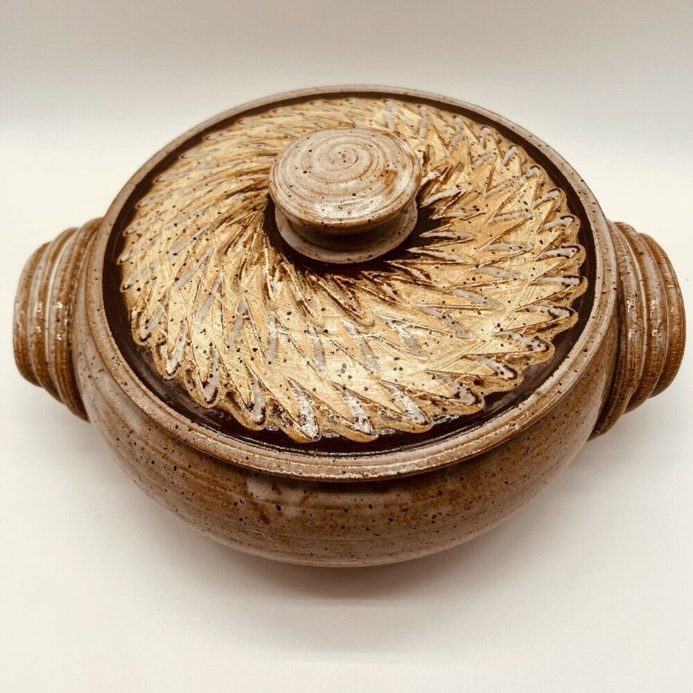 John Coiner Handmade Pottery Bowl With Lid  Casserole Stoneware 1980 Stamped 10”